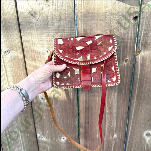 Vintage Mexican Red & White Leather Shoulder Bag Purse - Picture 12 of 14